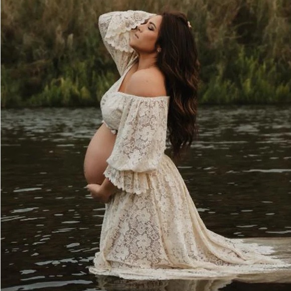 Maternity Off Shoulder 2-in-1 Side Slit Dress - Picture 3 of 5